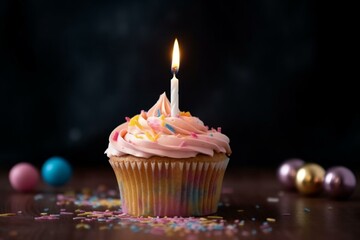 Colorful cupcake with assorted flavored cream and a lit birthday candle on a pink background, placed on a wooden table for a special occasion. Generative AI