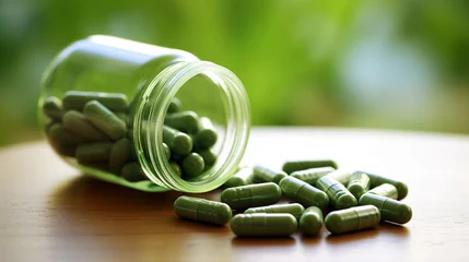 Poster Green chlorella pills or green barley pills and powder closeup. © lelechka