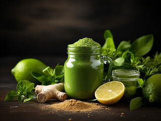 Healthy food and drink concept. Green detox powder assortment