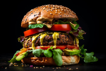 Create an image of a vegan burger with plant based patty and fresh toppings