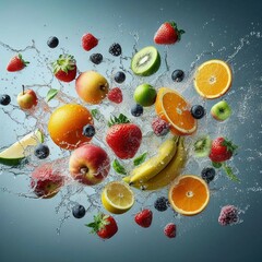 Pictures of fruits in the middle of water in the air with water drops like in advertisements