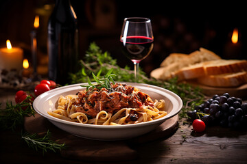 A rustic pasta dish served with a glass of red wine on an Italian restaurant table - obrazy, fototapety, plakaty