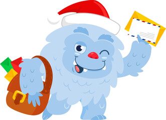 Cute Christmas Yeti Bigfoot Cartoon Character Delivering Letter. Vector Illustration Flat Design Isolated On Transparent Background