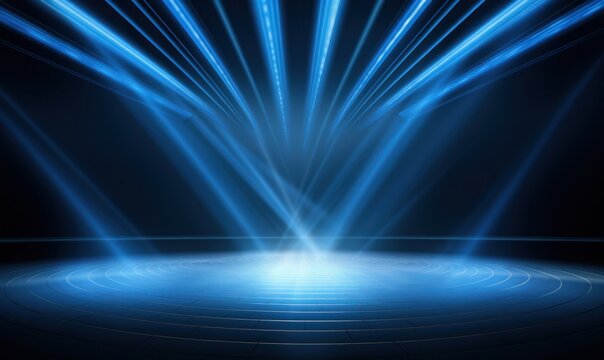 Elegant empty stage spotlight with brilliant blue beam illuminating a dark theatrical platform