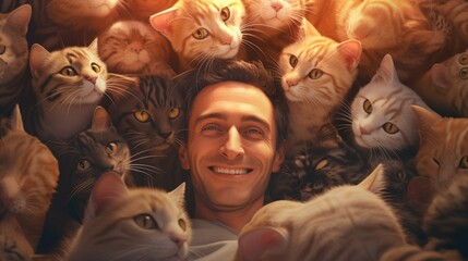 A man is surrounded by a bunch of cats
