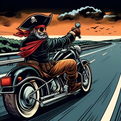 Pirate biker on chopper-style motorcycle riding along highway in scenic area