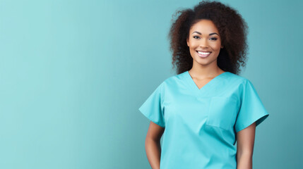 Friendly medical doctor or nurse in blue uniform scrubs on copyspace background.