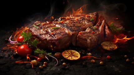 A steak on a grill with flames and vegetables