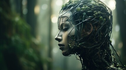 A fusion of nature and technology with a robotic female figure in a forest, combining elements of connection and destruction in a close-up view.