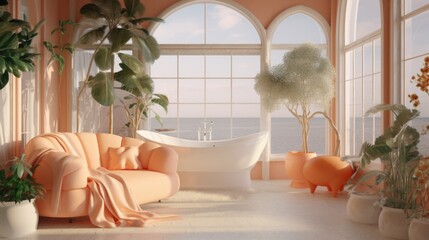 A living room filled with furniture and a bathtub