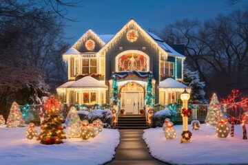 Beautiful Christmas Light Display on Typical Suburban Home, Holiday Decoration, Bright Light Show