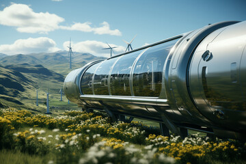 Fototapeta na wymiar A hydrogen pipeline with wind turbines and in the background. Green hydrogen production concept. 