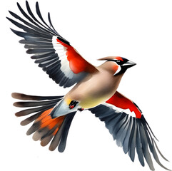 Watercolor paintings of colorful Bohemian waxwing birds.  