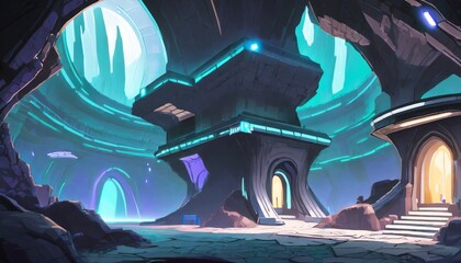 Mystery Cave with Science Fiction Building. Video Game Digital CG Artwork, Concept Illustration, Realistic Cartoon Style Background. Mythical 3D image of extraordinary landscape