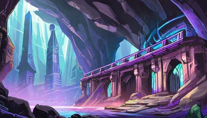 Mystery Cave with Science Fiction Building. Video Game Digital CG Artwork, Concept Illustration, Realistic Cartoon Style Background. Mythical 3D image of extraordinary landscape