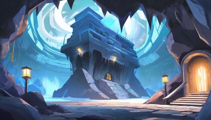 Mystery Cave with Science Fiction Building. Video Game Digital CG Artwork, Concept Illustration, Realistic Cartoon Style Background. Mythical 3D image of extraordinary landscape