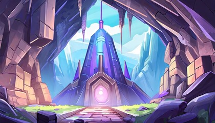 Mystery Cave with Science Fiction Building. Video Game Digital CG Artwork, Concept Illustration, Realistic Cartoon Style Background. Mythical 3D image of extraordinary landscape