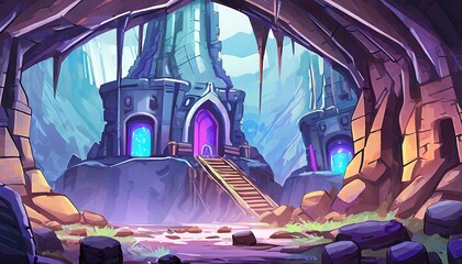 Mystery Cave with Science Fiction Building. Video Game Digital CG Artwork, Concept Illustration, Realistic Cartoon Style Background. Mythical 3D image of extraordinary landscape