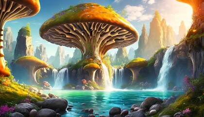Mystery Cave with Science Fiction Building. Video Game Digital CG Artwork, Concept Illustration, Realistic Cartoon Style Background. Mythical 3D image of extraordinary landscape