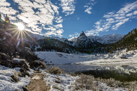 Sunrise above Lake Funtensee during Snowy Winter in the European Alps, Germany, Europe
