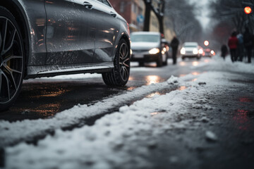 The car driving on icy road in urban street. Dangerous weather conditions, problems on slippery...
