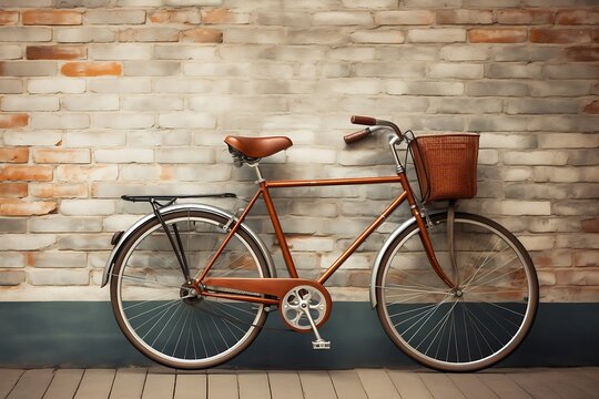 A vintage bicycle leaning against a brick wall