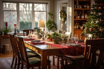 Fototapeta na wymiar Warm and Inviting Dining Room Ready for Christmas Party, Holiday Get-Together, Holiday Food