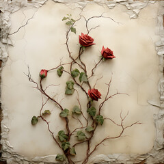 Vintage watercolor rose vine frame illustration on cement surface.