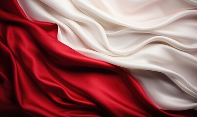Waving flag of Poland. Independence Day November 11, Poland. Red and white fabric texture for background, copy space. - obrazy, fototapety, plakaty