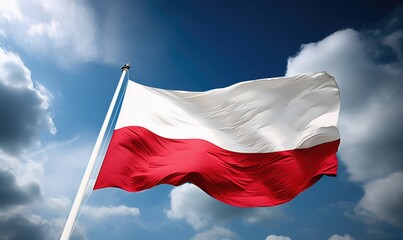 Naklejka na ściany i meble Large flag of Poland against blue sky. Independence Day November 11, Poland. Red and white polish flag blowing in wind.