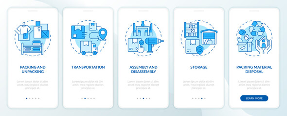 2D icons representing moving service mobile app screen set. Walkthrough 5 steps blue graphic instructions with linear icons concept, UI, UX, GUI template.