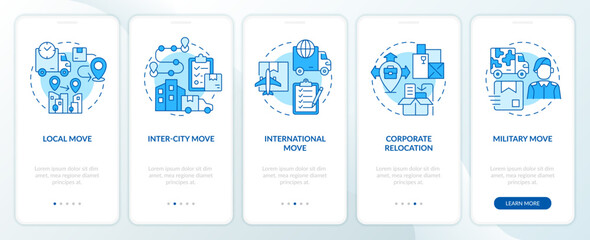 2D icons representing moving service mobile app screen set. Walkthrough 5 steps blue graphic instructions with line icons concept, UI, UX, GUI template.