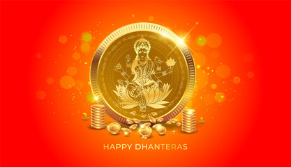 Gold Coins, money, wealth for Dhanteras festival and goddess Lakshmi puja background.