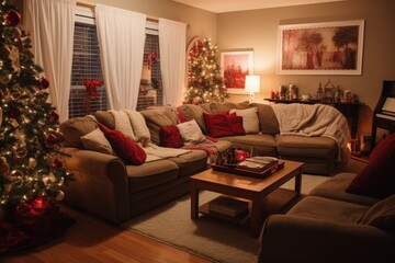 Festive Living Room Setting for a Cozy Christmas Party, Ambience, Holiday Decorations in Inviting Home
