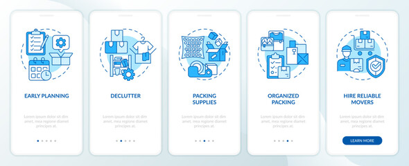 2D icons representing moving service mobile app screen set. Walkthrough 5 steps blue graphic instructions with line icons concept, UI, UX, GUI template. - obrazy, fototapety, plakaty