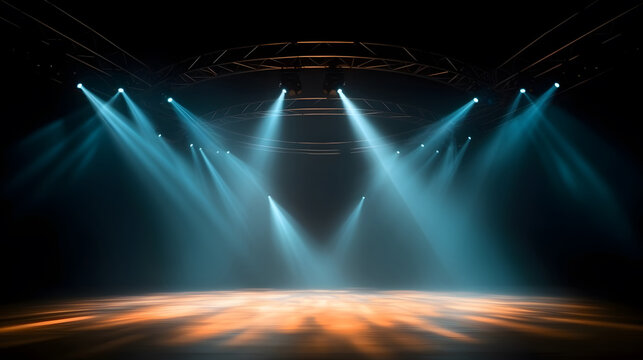 Stage and blue and orange smoke night lightning in fog searchlight beams, blue spotlight podium
