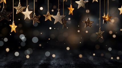 merry christmas background, Swinging gold christmas stars with snowflakes over light spots on black background - obrazy, fototapety, plakaty