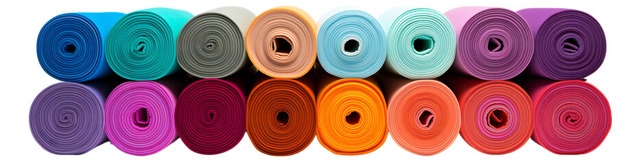 Set of Rolled-Up Yoga Mats in a Spectrum of Colors on White Isolated on Transparent or White Background, PNG