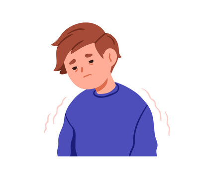 Sick weak fatigue kid, feeling faint, unwell, malaise. Ill tired child exhausted by flu, suffering from cold, sickness, influenza illness. Flat vector illustration isolated on white background