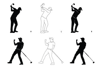 Fototapeta na wymiar Set Male golfers silhouette collection. Golf Player set. People playing golf in trendy flat style isolated on white background, symbol for your website design, logo, app, various publications.