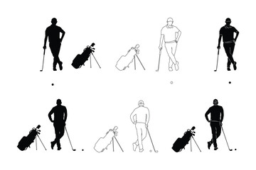 Set Vector silhouettes of collection of male golf players, equipment for design in trendy flat style isolated on white background. Symbols for designing your website, logo, app, publications.
