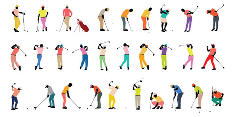 Vector colorful of collection of male golf players, equipment for design in trendy flat style isolated on white background. Symbols for designing your website, logo, app, publications.