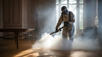 A man in a suit sprays steam on a wooden floor to destroy bedbugs and dengue mosquitoes, 