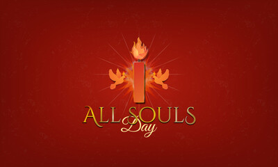 All Souls' Day Red and Gold Greeting Banner. 3D Gold Candlelight with holy spirit at its side. All Souls Day Typographic Design. Vector Illustration.