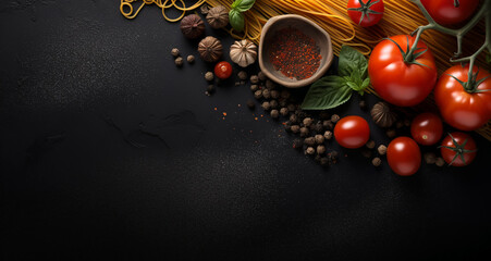 Obraz na płótnie Canvas Top view of ingredients for cooking pasta on black background with copy space. Fresh cherry tomatoes with basil leaves and spices on a black background.