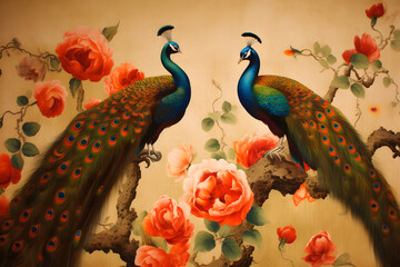 Wallpaper painting of a peacock bird in bright, digital painting