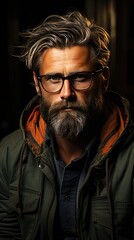 Obraz premium Bearded middle-aged man wearing glasses looking at camera with a serious expression in a close up head and shoulders portrait. Man portrait illustration. Generative AI