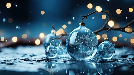 Glass ball on blue background, glass globe ball. Christmas snow globe. Generative AI - obrazy, fototapety, plakaty