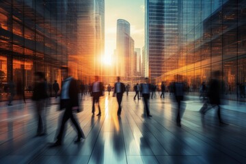 Dynamic Silhouettes of Businesspeople in Bustling City - Long Exposure, Bright Sunshine