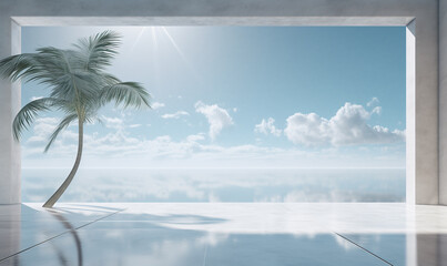 3D rendering of a white room with blue clouds and a window. Palm tree and sea view through the window. mock up. Luxury white interior with window. 